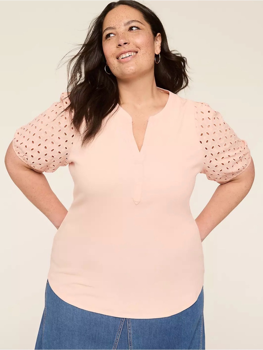 Eyelet Sleeve, Notch Neck Rib Top in Tropical Peach